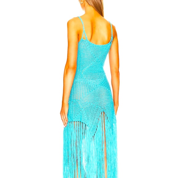 Crochet Teal Blue Fringe Maxi Dress Beach Cover Up Turquoise Summer Sundress - Picture 3 of 6